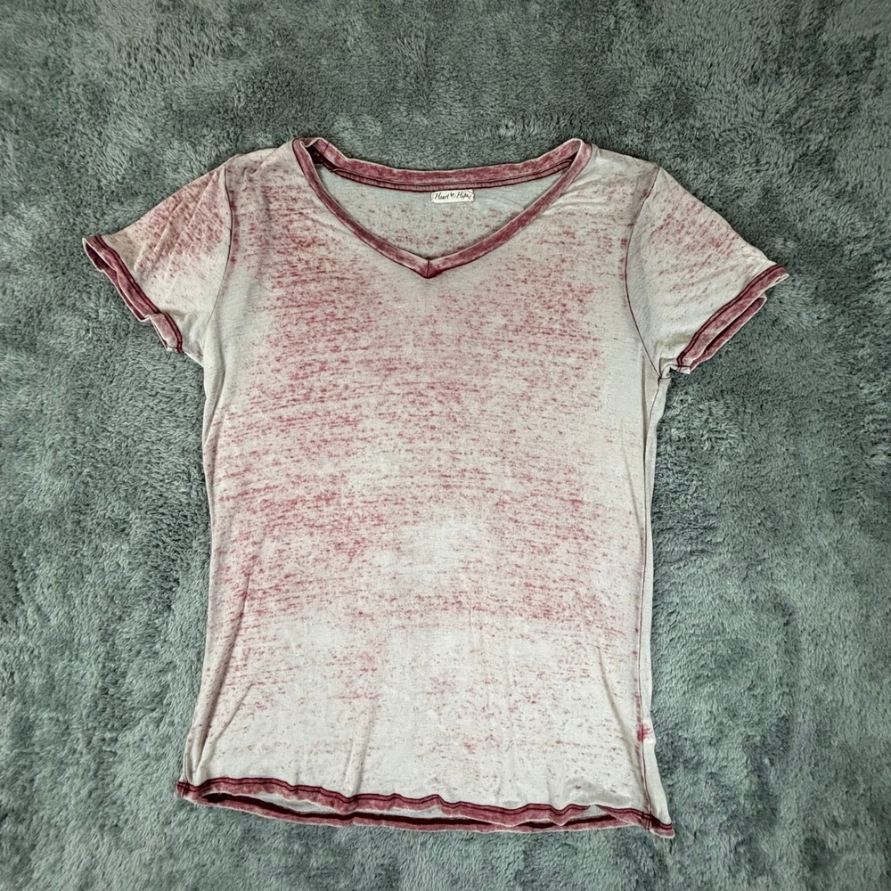 Heart & Hips Womens Burnout V-Neck Tee Burgundy White Short Sleeve Size M